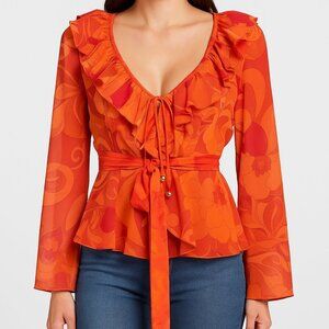 Mac Duggal R81059 Ruffle Floral Blouse XS Orange Red NWT Sample Sale